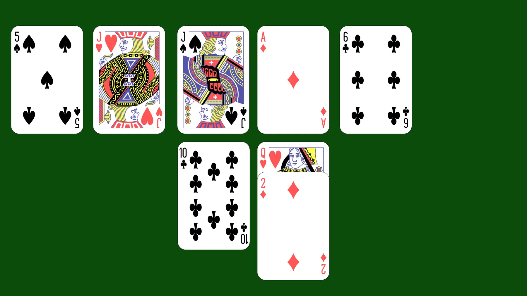 Example Eleusis game sequence with the secret rule 'alternating colors': mainline shows 5♠, J♥, J♠, A♦, 6♣ following the pattern, while the sideline below shows rejected cards 10♣ after J♠, and Q♥ and 2♦ after A♦